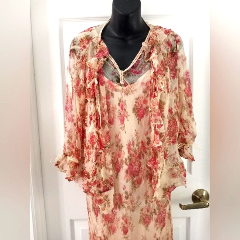 April Cornell Floral Cream Maxi Dress with Pink and Green Accents